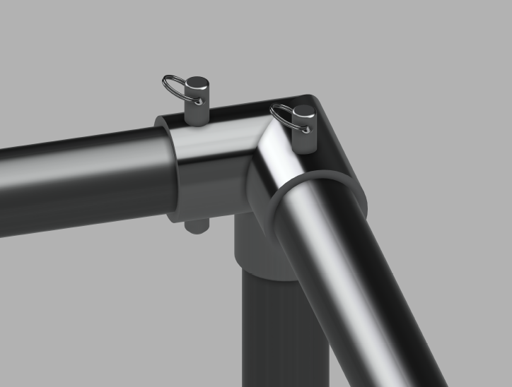 Close-up render of the spring-pin pipe clamp joint