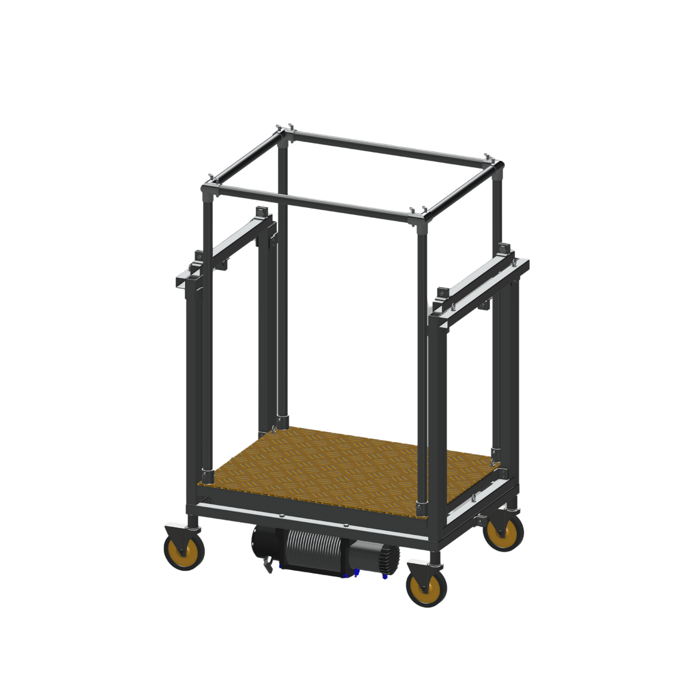 CAD render of the LiftMaster 1500 personal lift in its lowered position, showing the platform, corner posts, safety railing, and motor